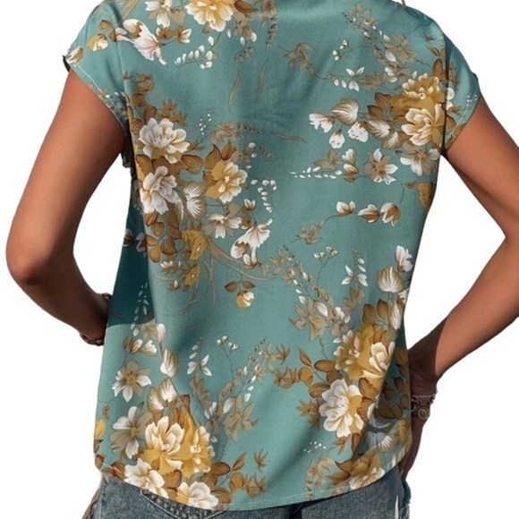 Shein Floral Printed Notched Neck Blouse Cadet Blue Medium - Picture 8 of 10